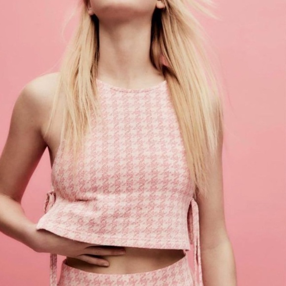 Zara Pink Houndstooth Retro Knit Halter Crop Top with Bralette - Picture 2 of 11